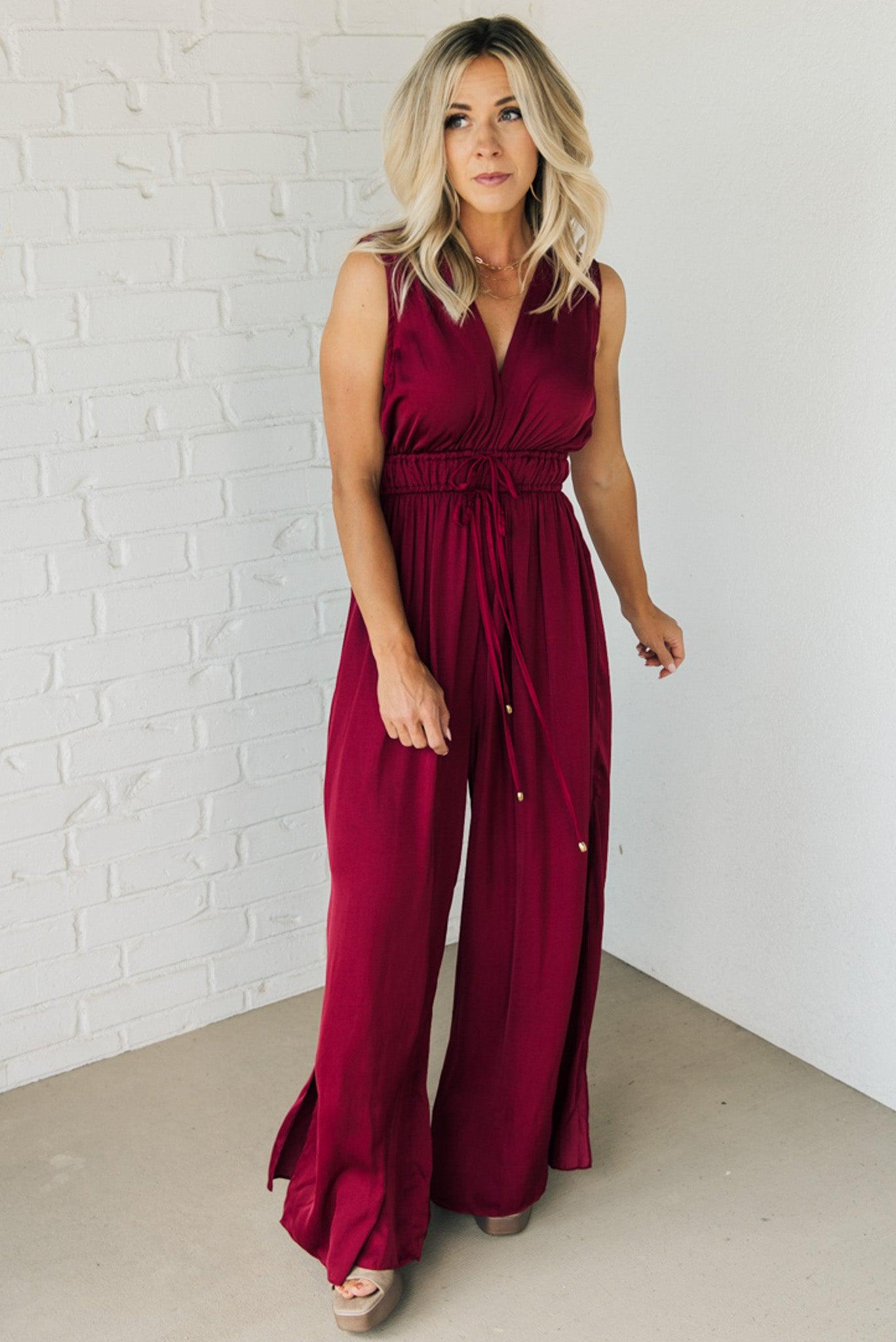 Split Side Wide Leg Satin Jumpsuit