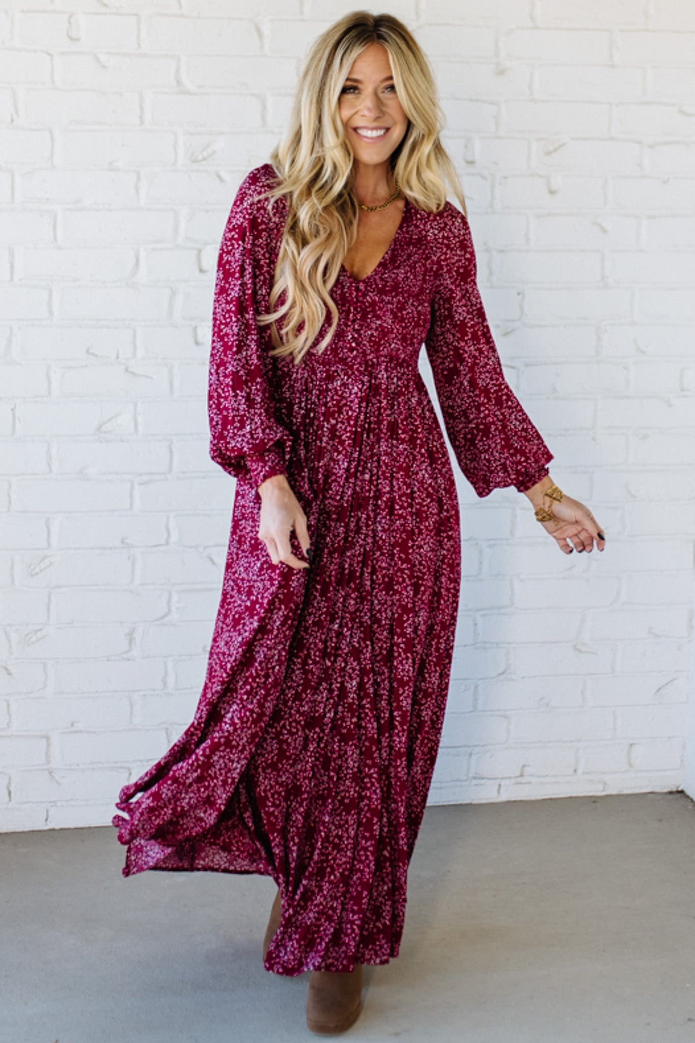 ワンピース Bloom-Sleeve Jacquard Dress / wine berry Bloom-Sleeve