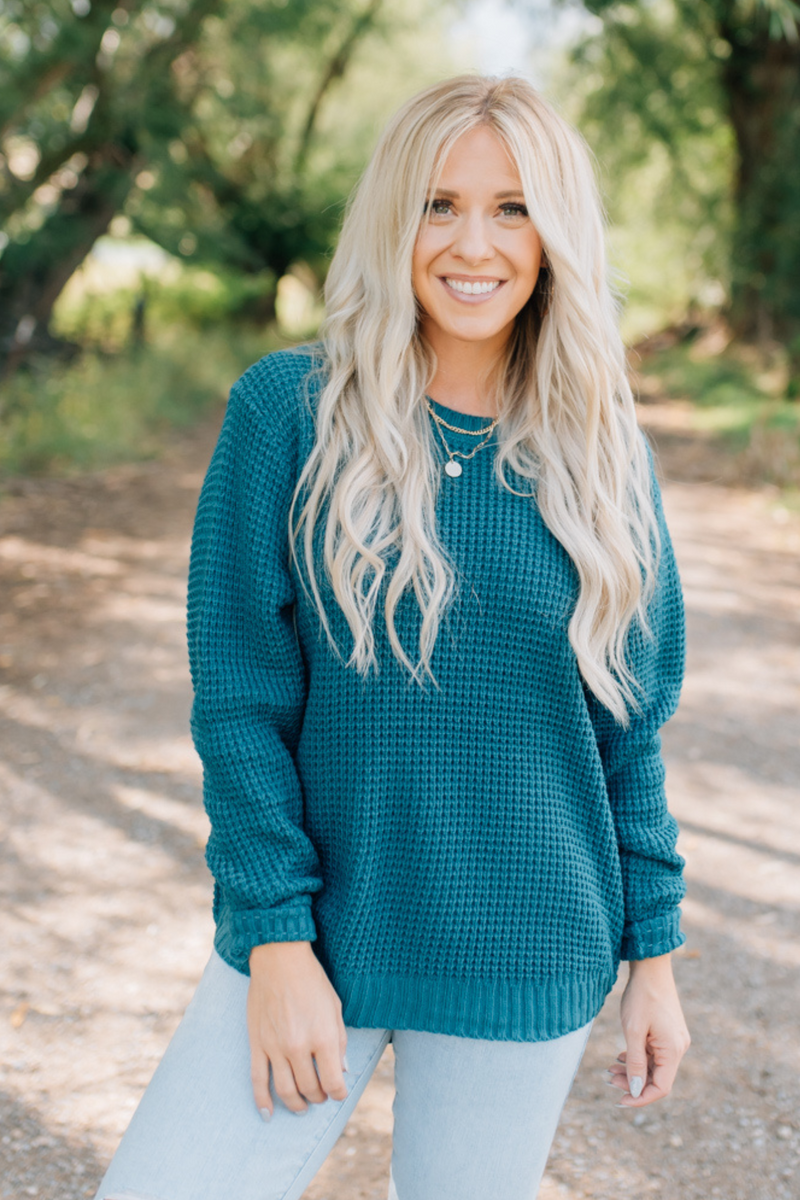 Spread Joy Waffle Knit Sweater - Teal - Closet Candy Boutique