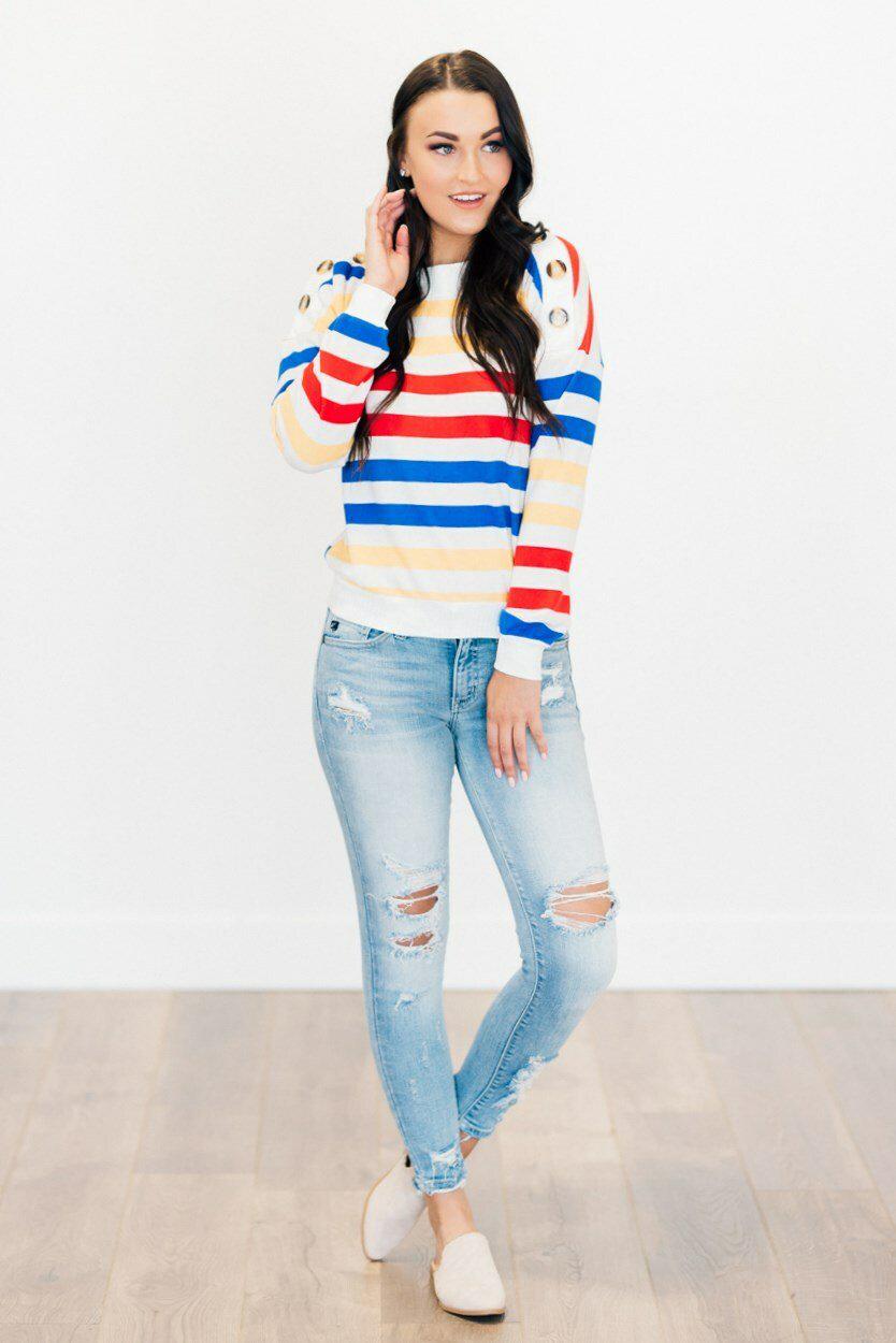 Button Detail Stripe Sweater