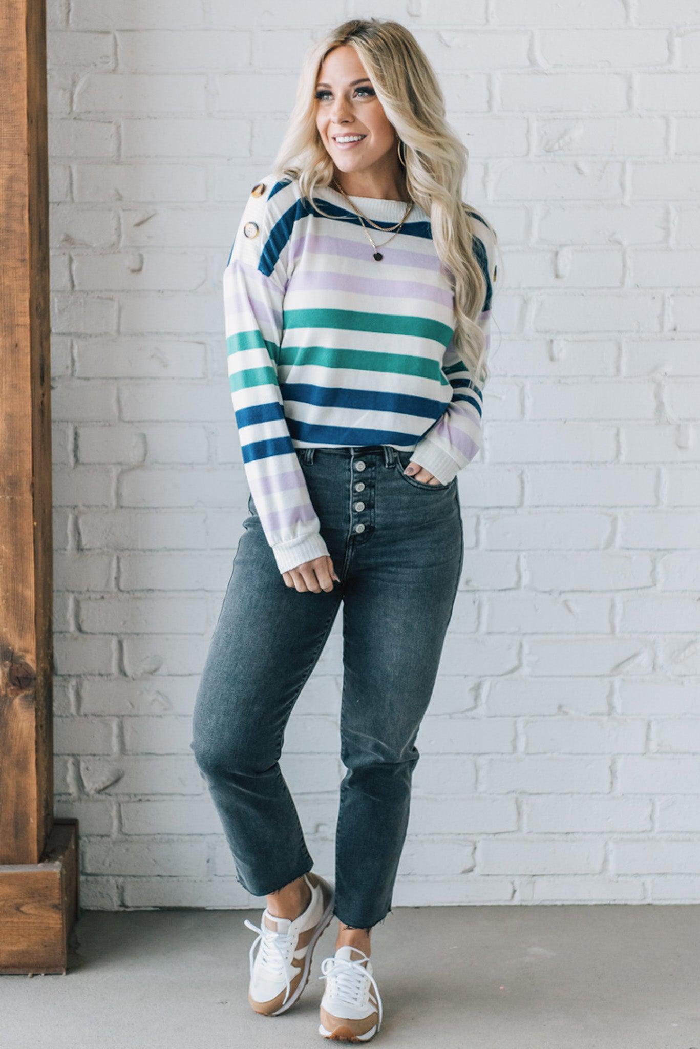 Button Detail Stripe Sweater