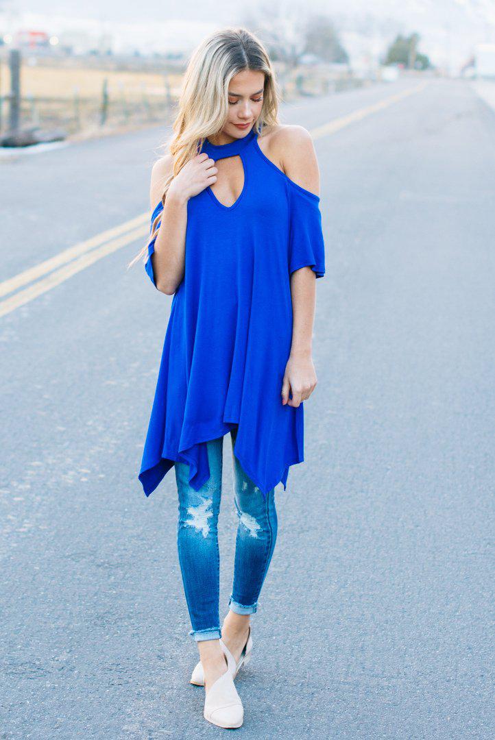 Flowy Open Shoulder Tunic | Royal
open-shoulder-top-with-keyhole-cut-out-detail-back-button-closure