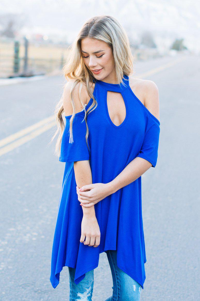 Flowy Open Shoulder Tunic | Royal
open-shoulder-top-with-keyhole-cut-out-detail-back-button-closure