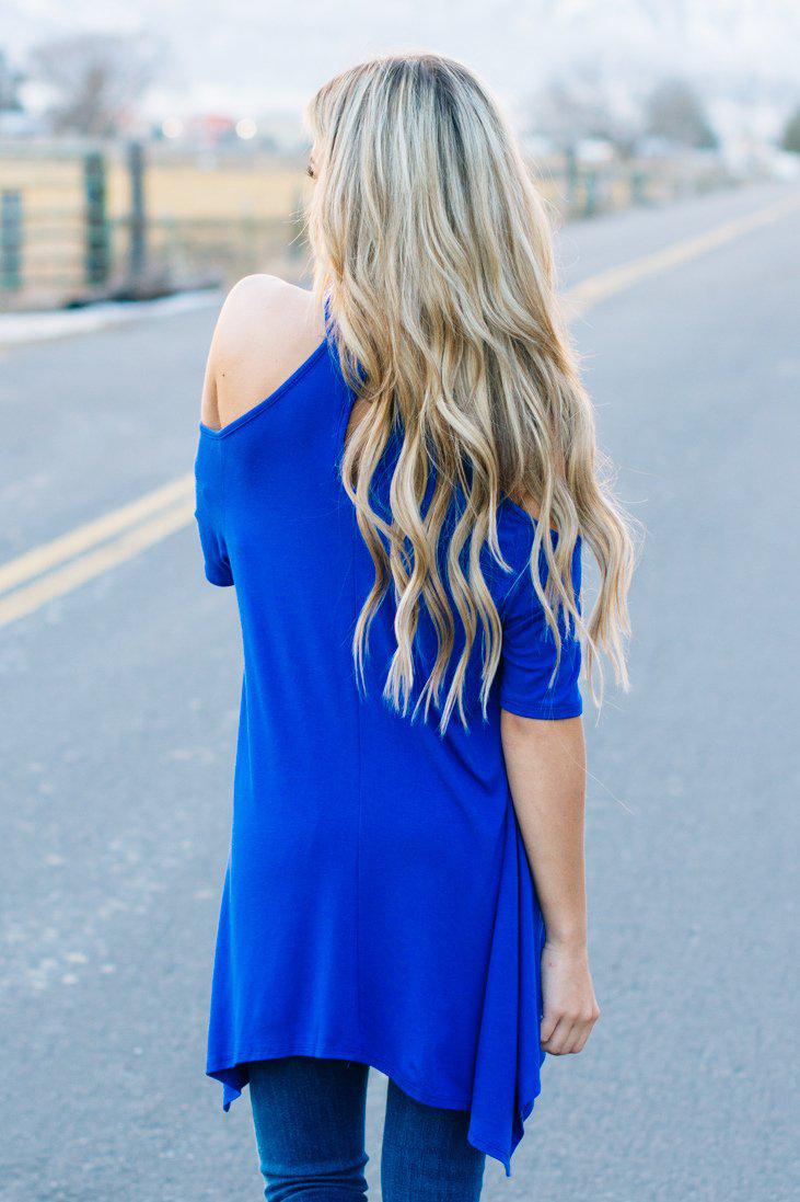 Flowy Open Shoulder Tunic | Royal
open-shoulder-top-with-keyhole-cut-out-detail-back-button-closure