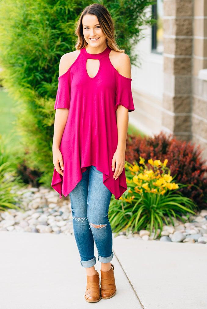 Flowy Open Shoulder Tunic | Magenta