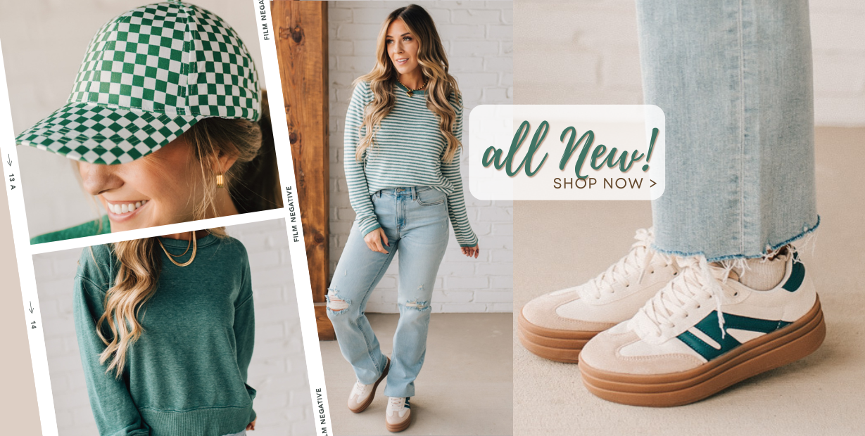 Collage of new arrivals including a green and white checkered ball cap, dark green long sleeve pullover, blonde girl modeling a dark green and ivory striped long sleeve top, lightwash denim and sneakers, plus a close up of ivory and dark green sneakers