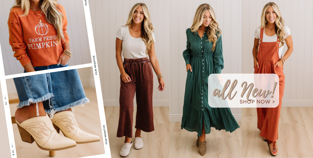 A collage of four fashion photos showing women modeling different outfits in an indoor room with light wood floors and white paneled walls. The outfits include an orange Fall "pumpkin" sweatshirt with jeans and beige ankle boots, a white top with dark brown wide-leg cropped sweat pants, a dark green long-sleeve button-front dress, and rust-orange overalls.