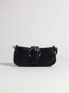 Small black handbag with large silver buckle accent and silver hardware