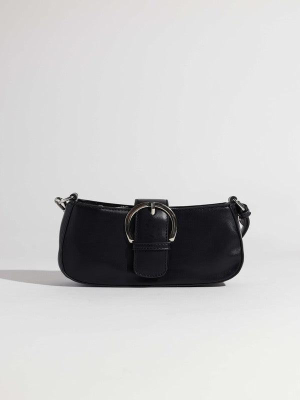 Small black handbag with large silver buckle accent and silver hardware