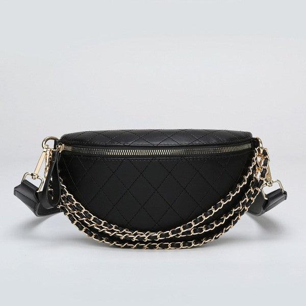 Black Quilted Faux Leather Crossbody bag with Chain Accent 