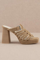 Open toe basketweave heel in a neutral taupe color with silver buckle