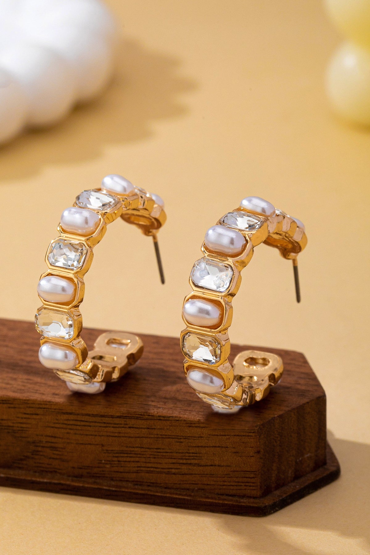Alternating Pearl And Rhinestone Hoop Earrings