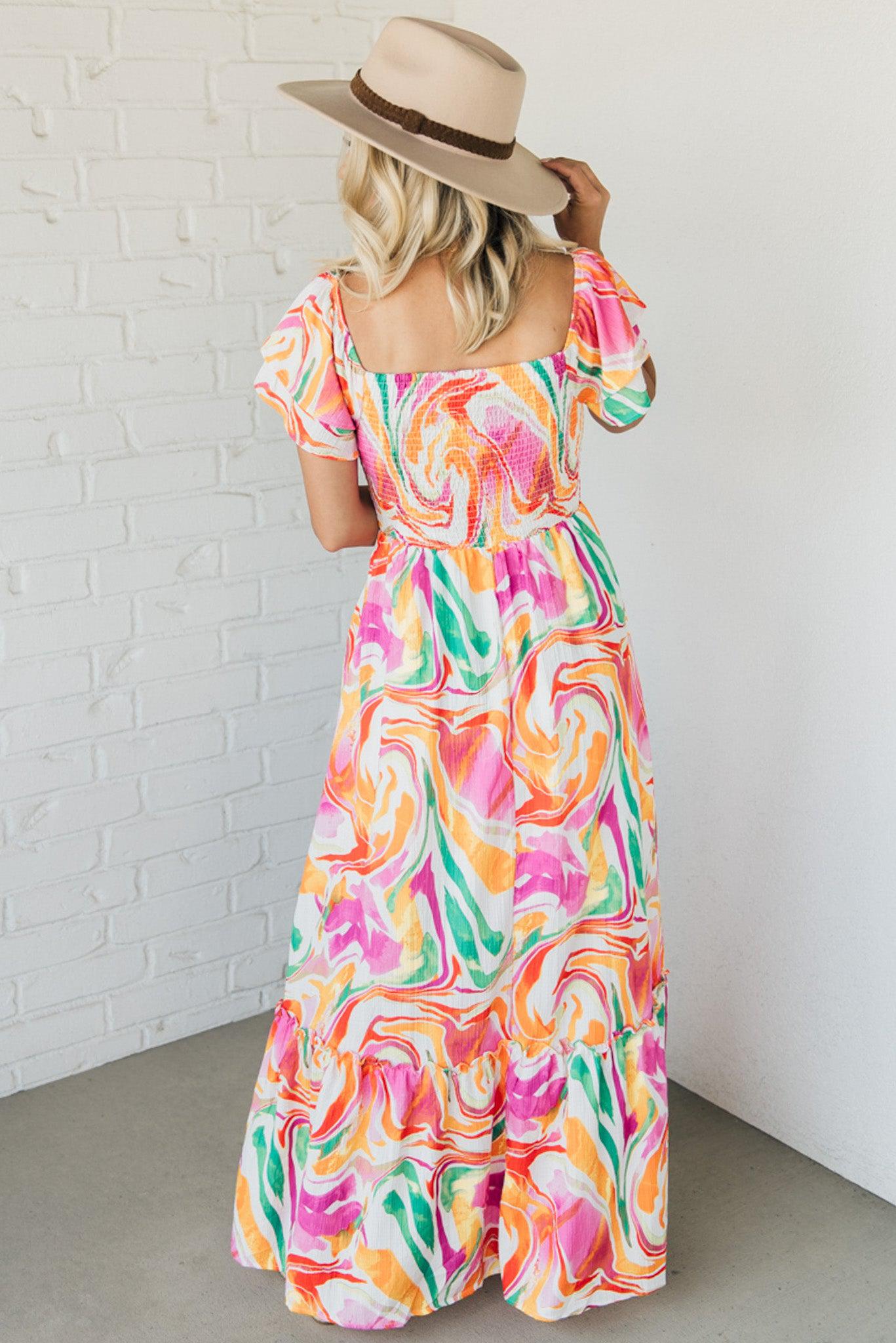 Abstract Print Smocked Maxi Dress