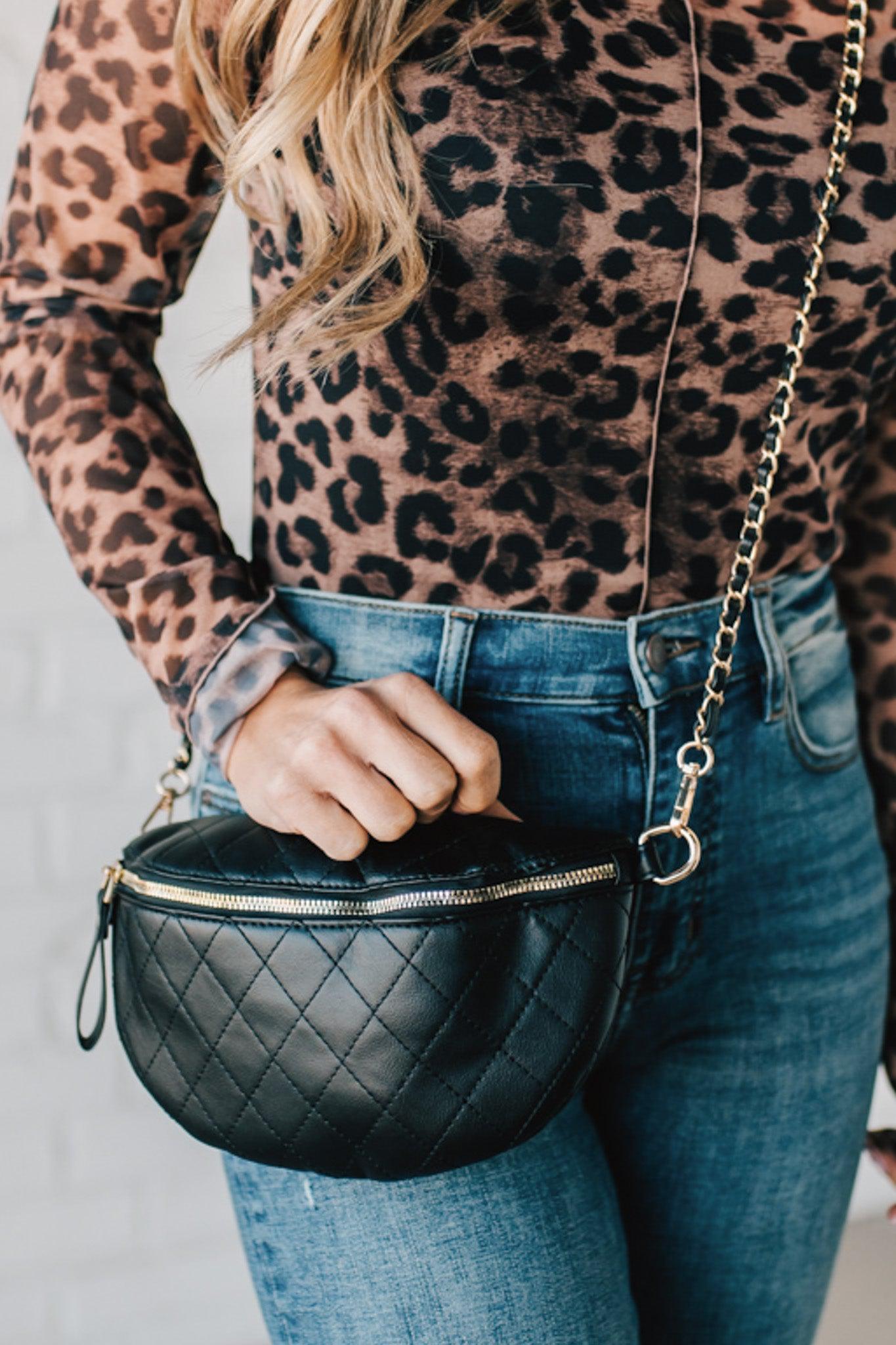 Black Quilted Faux Leather Crossbody bag with Chain Accent 