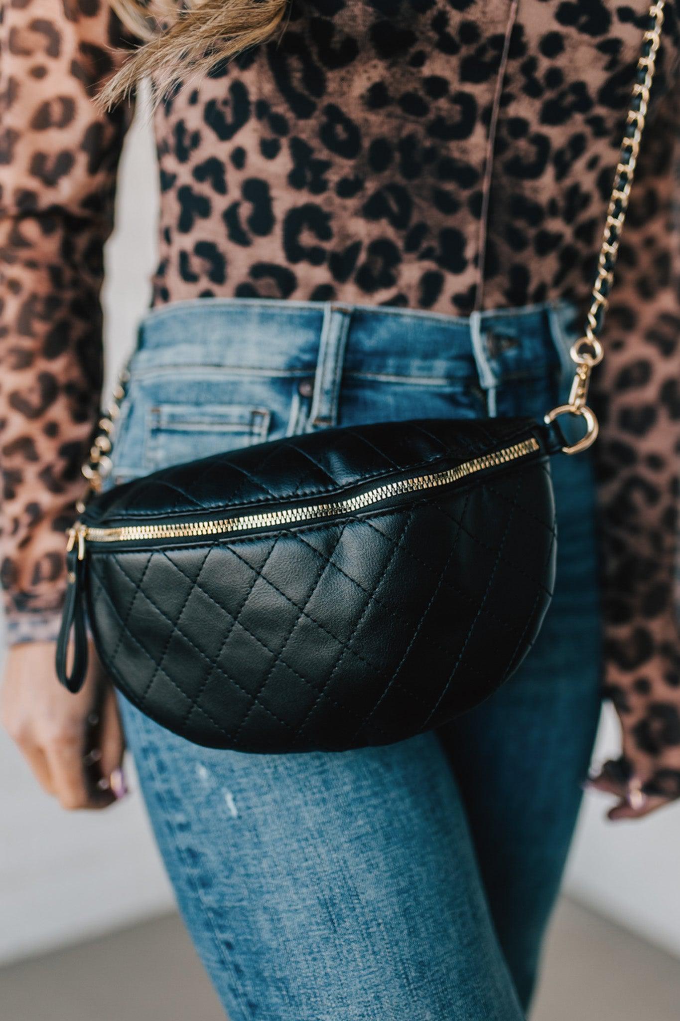 Black Quilted Faux Leather Crossbody bag with Chain Accent 