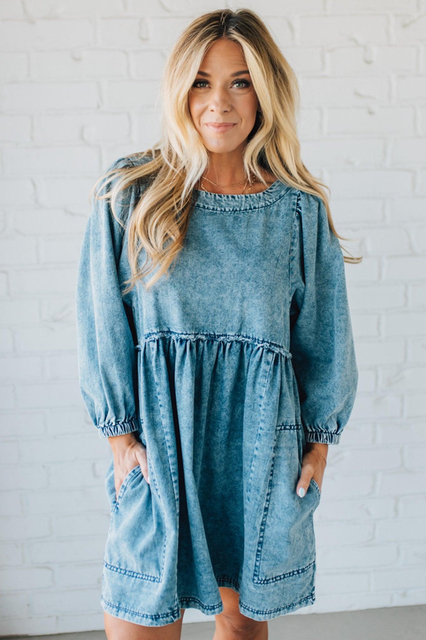 Blonde Woman Wearing a Washed And Distressed Mini Denim Dress