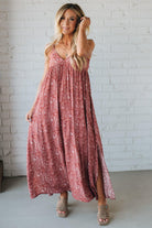 Blonde woman wearing a red Paisley Print Maxi Dress With Adjustable Straps.