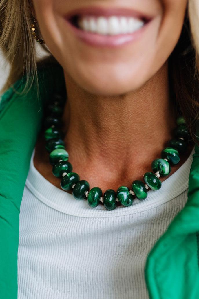 Dark Green Marbled Colorful Bead Bubble Necklace.