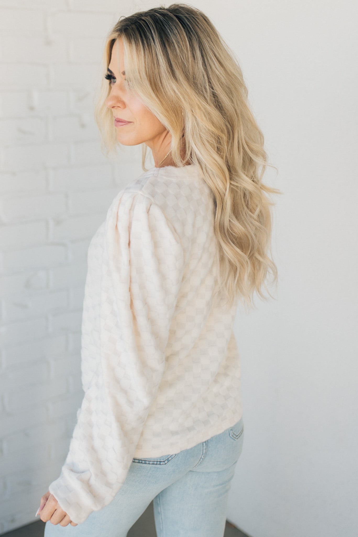 Brushed Check Puff Sleeve Top