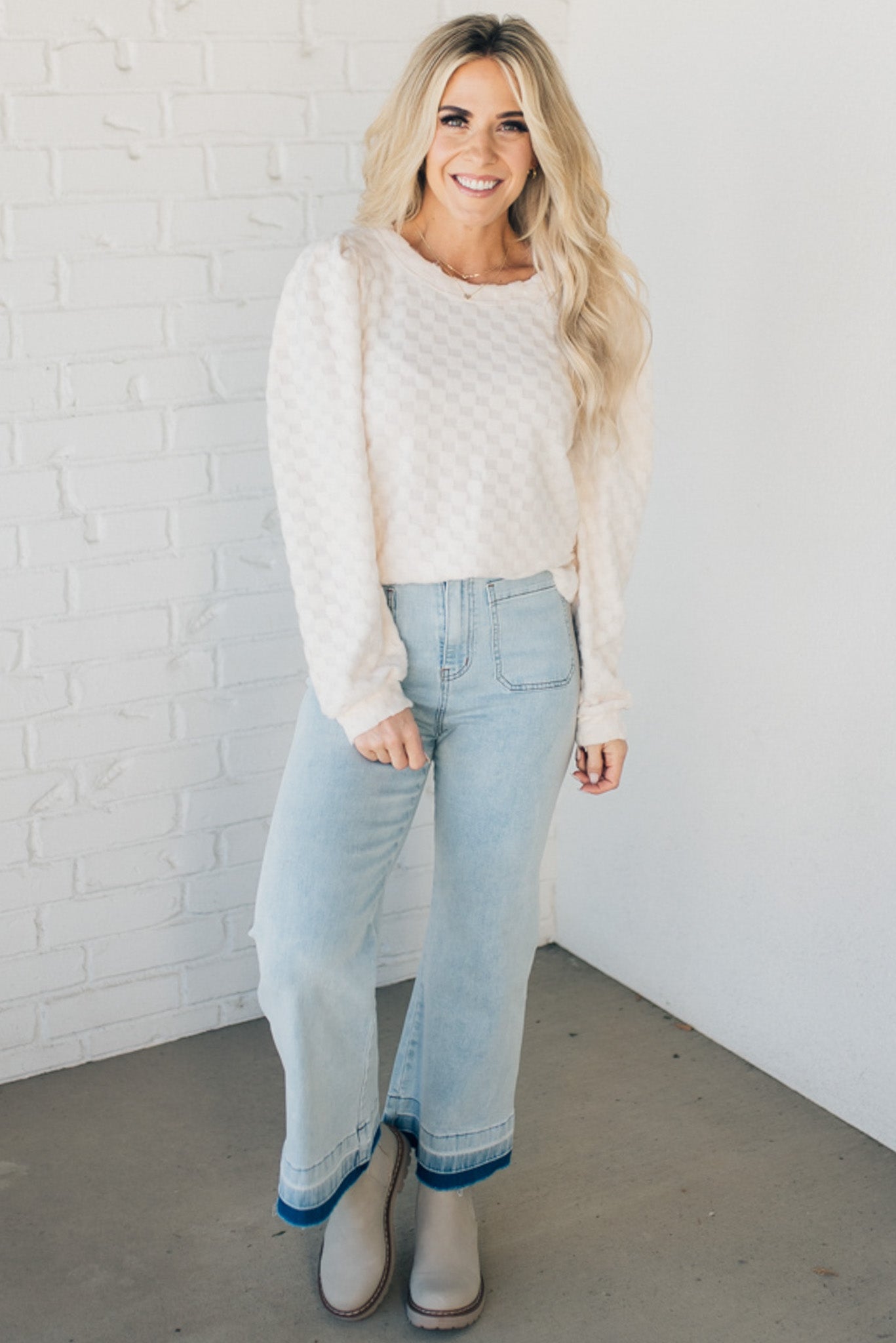 Brushed Check Puff Sleeve Top