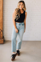 Blonde girl modeling a solid ribbed cropped tank