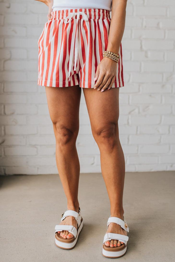 Blonde Woman Wearing Stripe Twill Shorts with Elastic Waist and Drawstring.