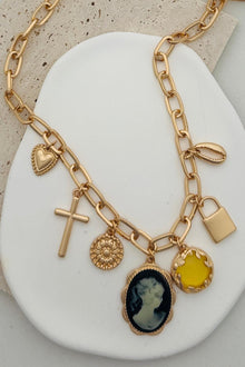  Gold Multi charm necklace with cameo pendants