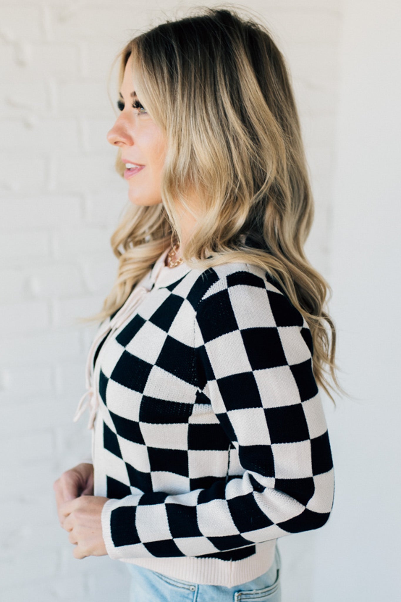 Checker Tie Front Cardigan