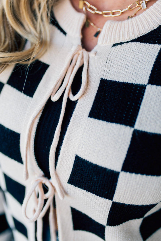 Checker Tie Front Cardigan