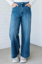DARK WASH STRETCH HIGH RISE PIN TUCK DETAIL WIDE LEG JEAN
