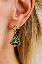 Festive Christmas Tree Motif: Designed with a tiered evergreen Christmas tree charm topped with a star detail hanging from a bow post back earring.