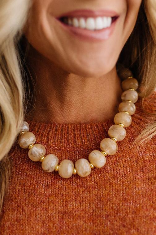 Boho Oval Resin Bead Necklace in a Cream and Light Brown Mix with small Gold Beads,