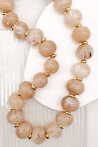 Boho Oval Resin Bead Necklace in a Cream and Light Brown Mix with small Gold Beads,