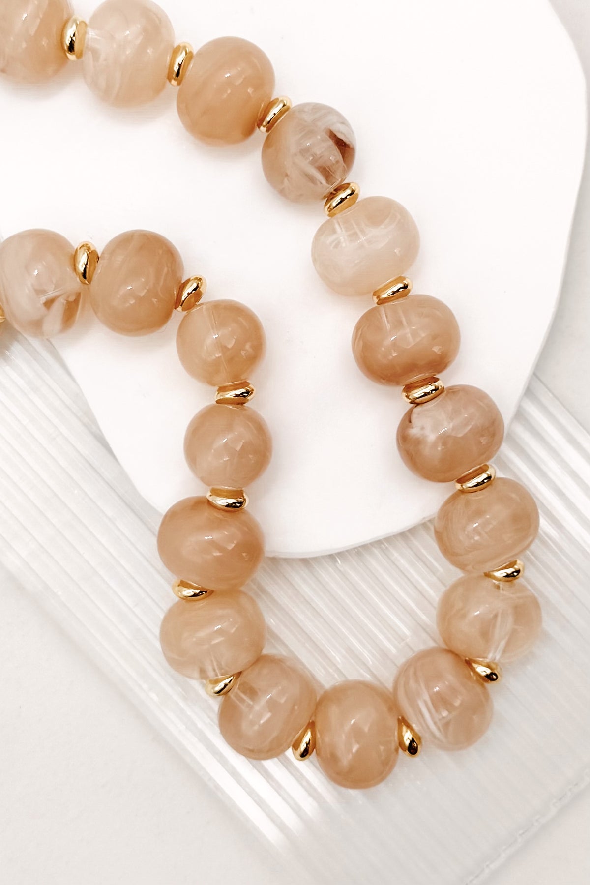 Boho Oval Resin Bead Necklace in a Cream and Light Brown Mix with small Gold Beads,