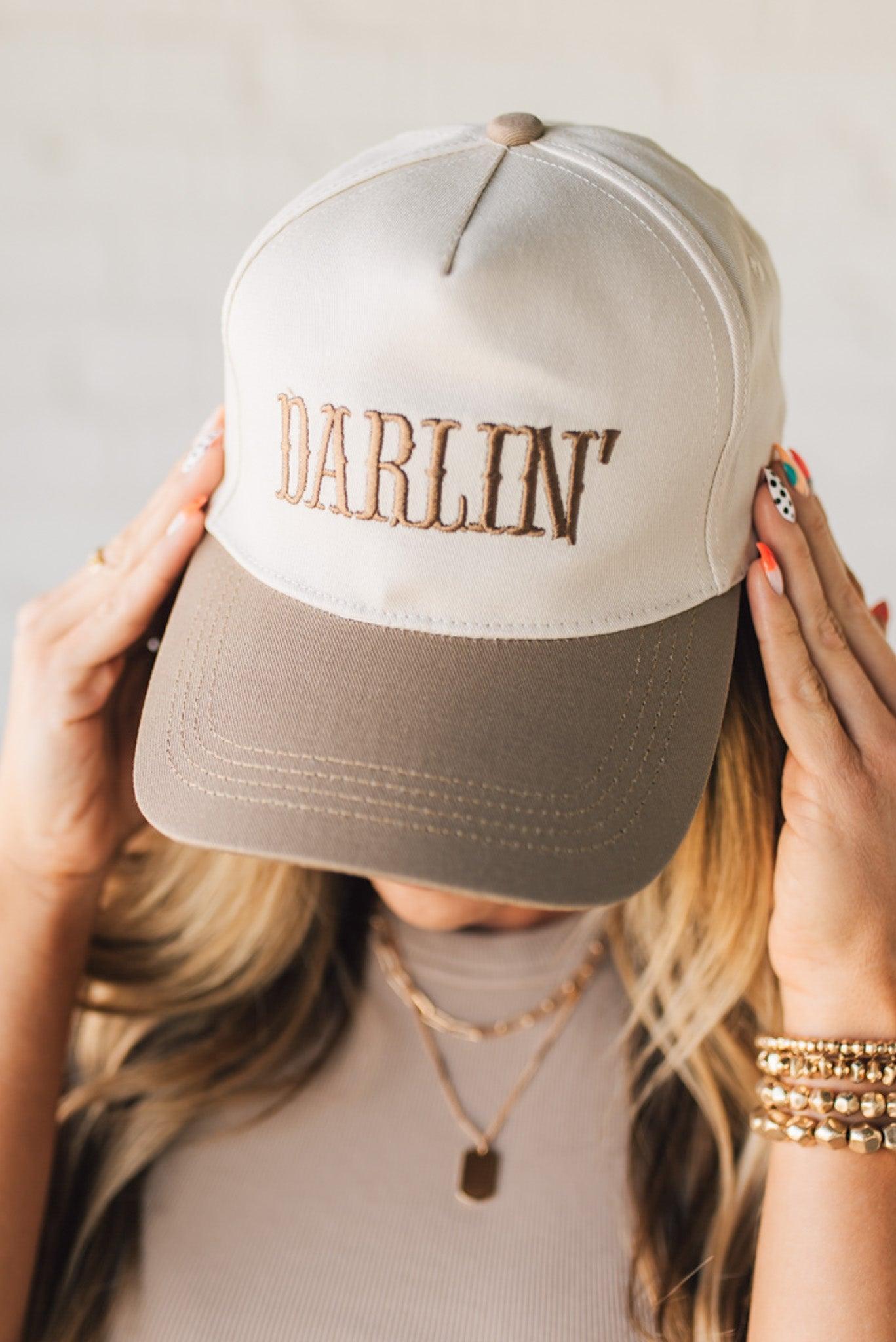 Blonde woman wearing a Darlin' Embroidered Two-tone Canvas Cotton Cap
