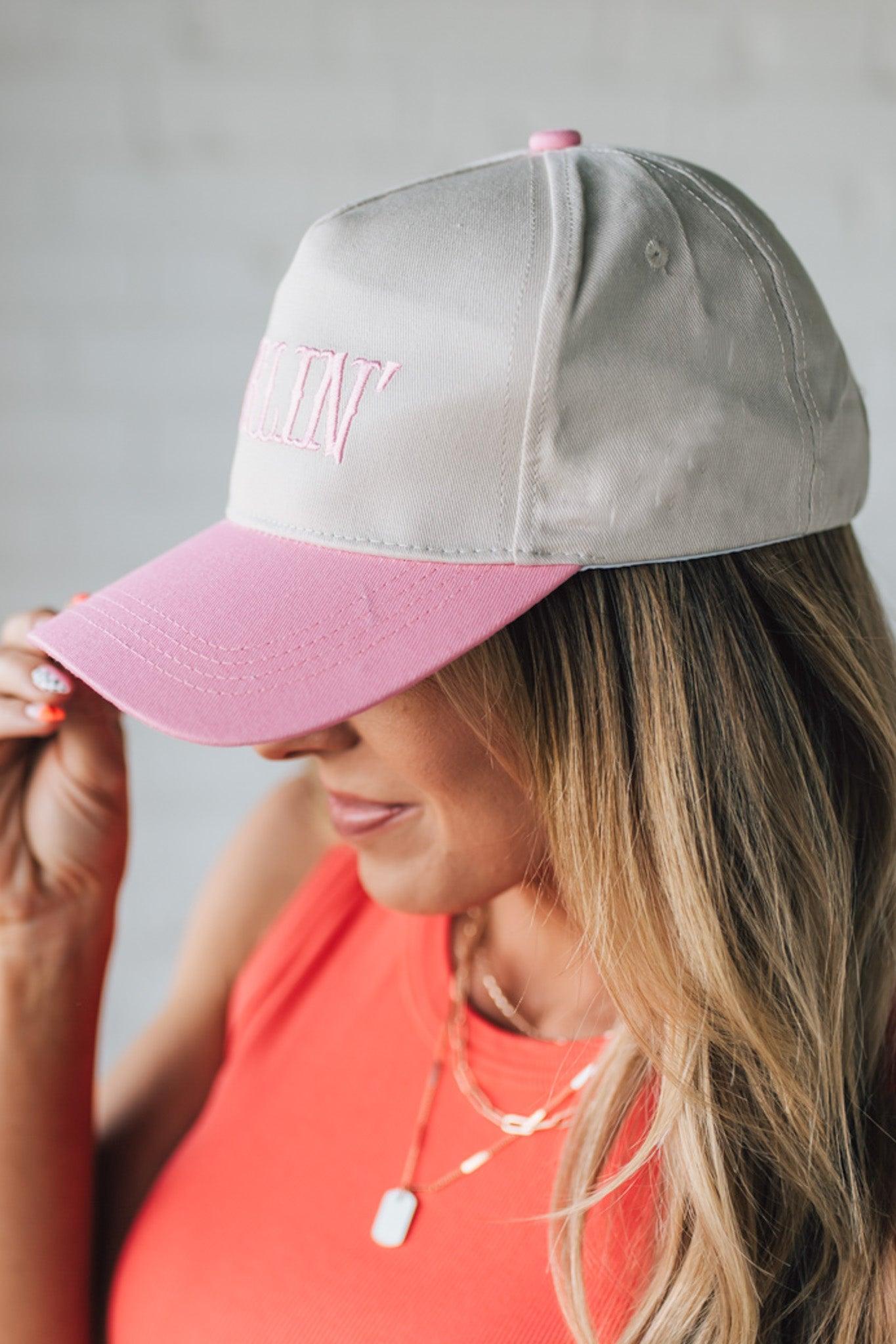 Blonde woman wearing a Darlin' Embroidered Two-tone Canvas Cotton Cap