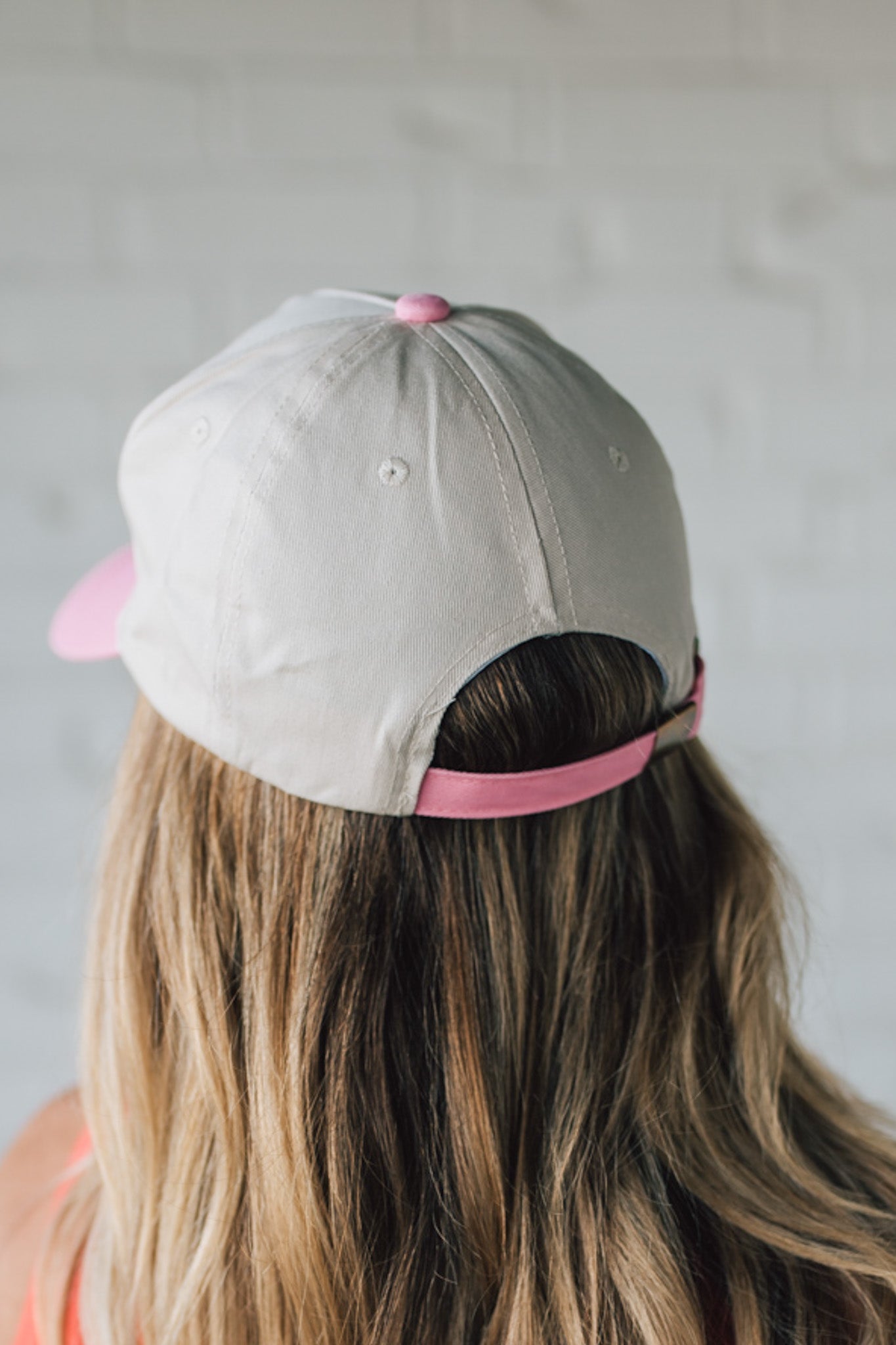 Blonde woman wearing a Darlin' Embroidered Two-tone Canvas Cotton Cap