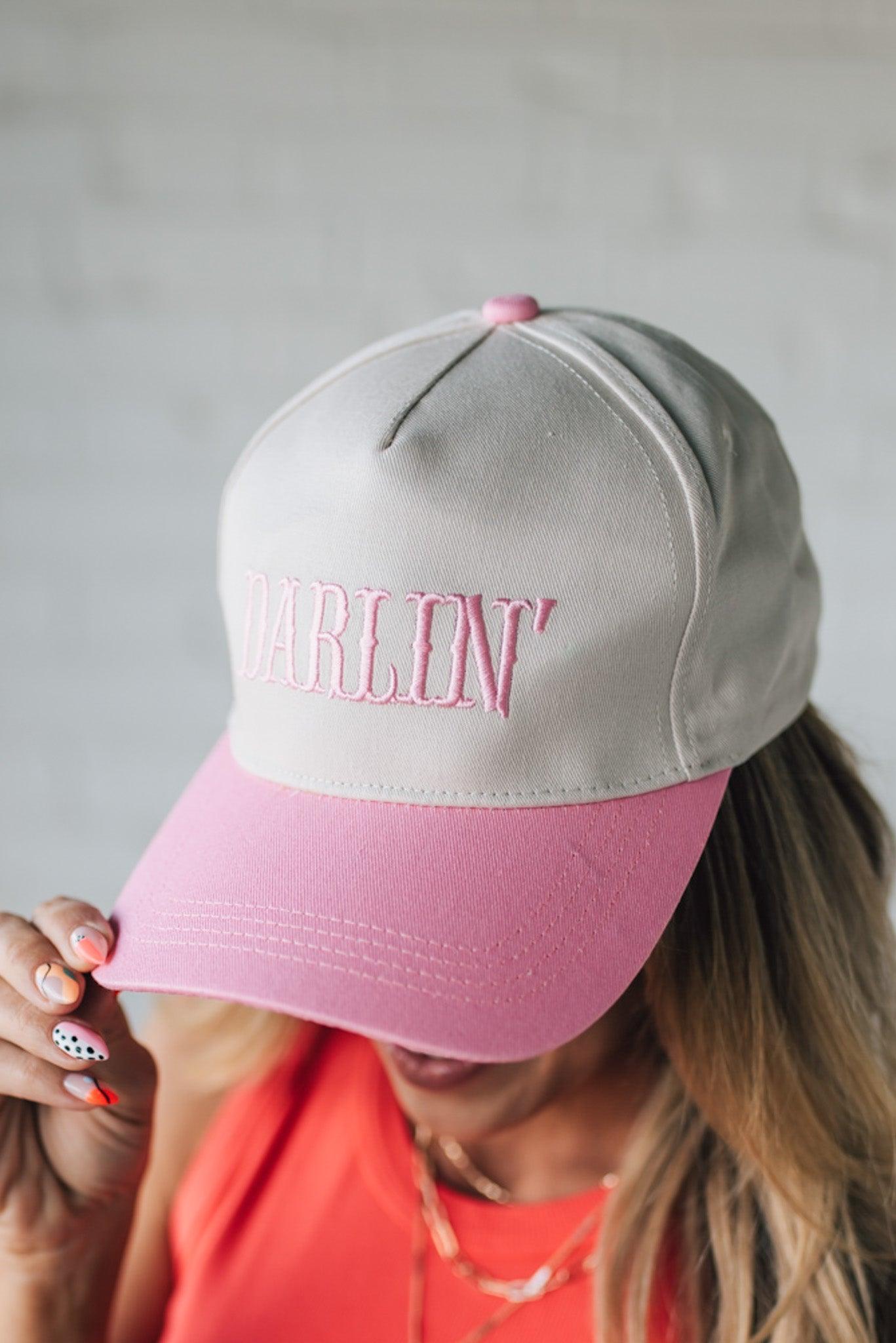 Blonde woman wearing a Darlin' Embroidered Two-tone Canvas Cotton Cap