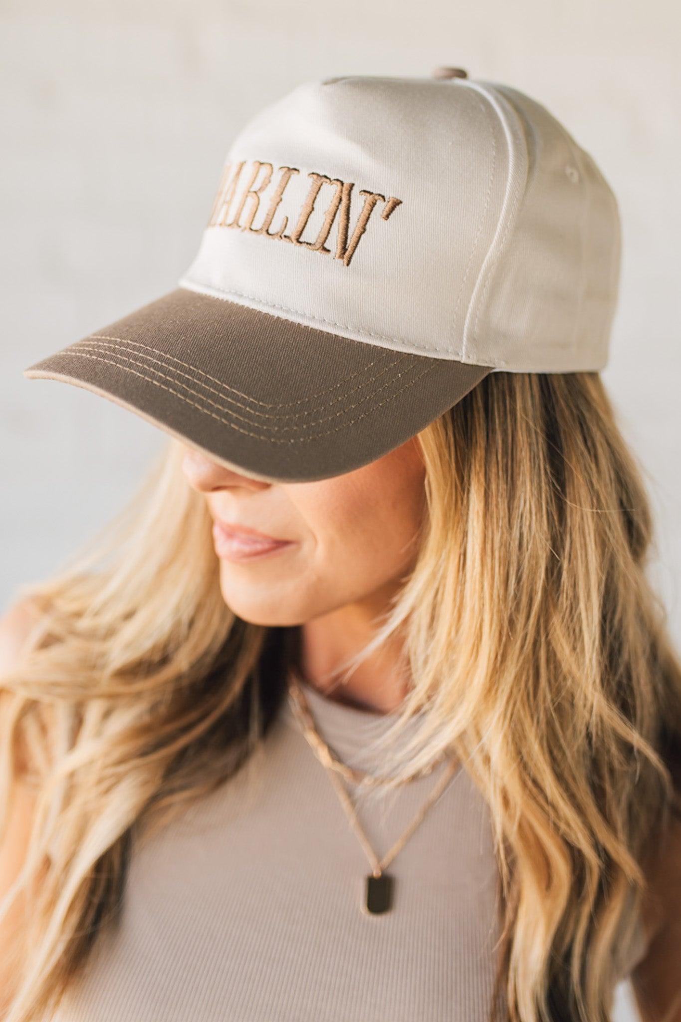 Blonde woman wearing a Darlin' Embroidered Two-tone Canvas Cotton Cap