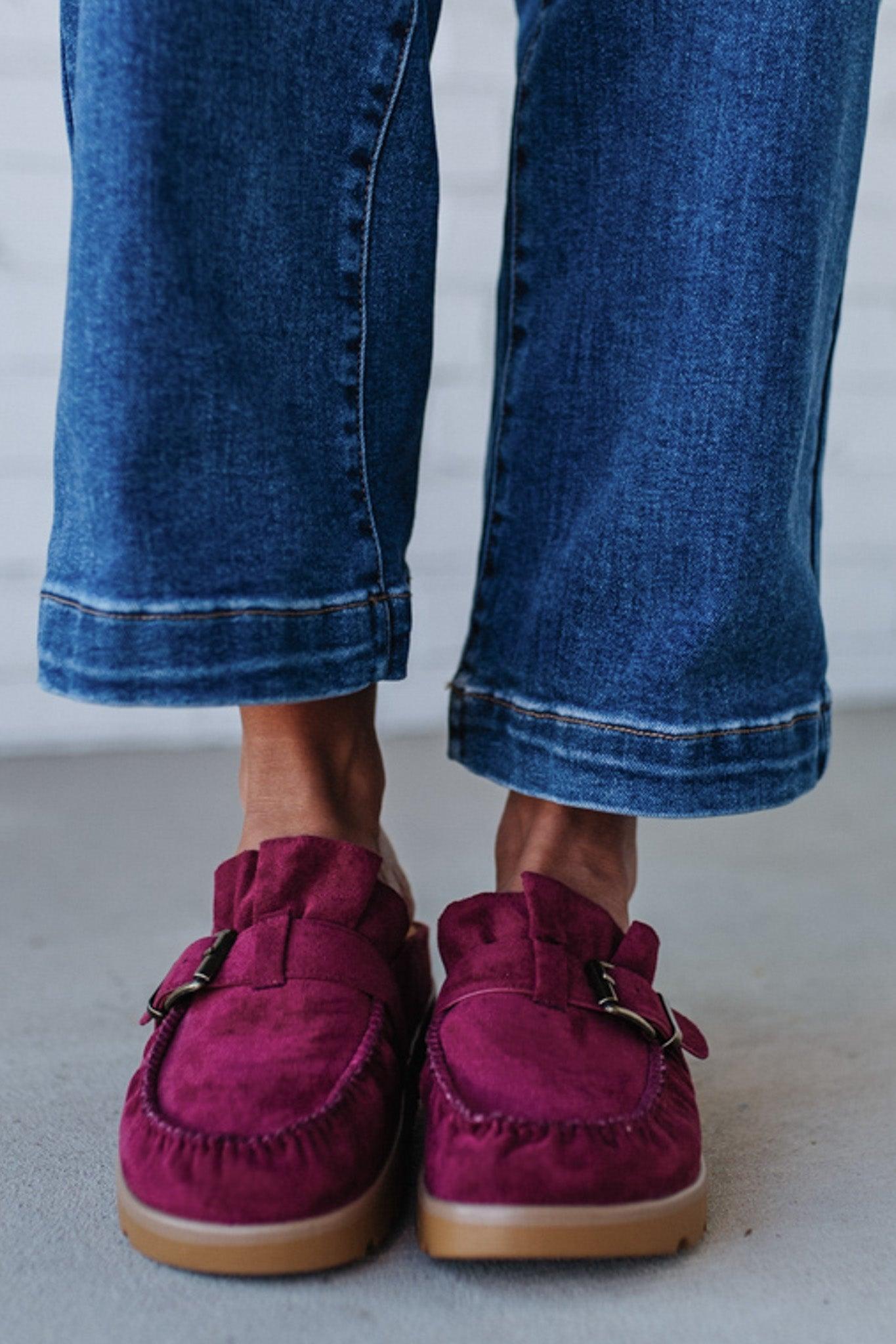 Ruffle Entrance Design Slip-on Moccasin Mule, in ox blood red