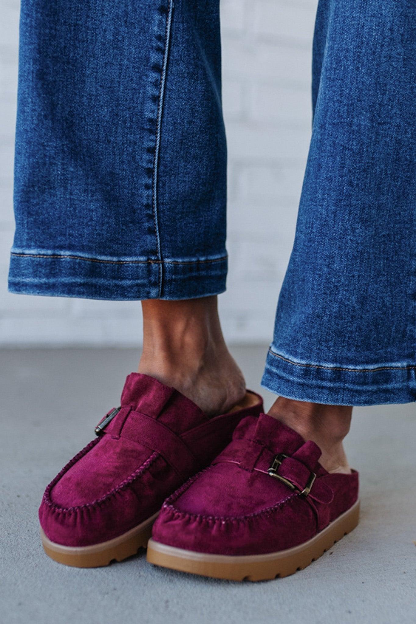 Ruffle Entrance Design Slip-on Moccasin Mule, in ox blood red