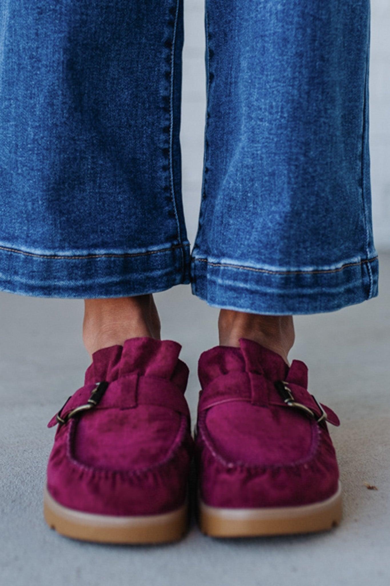 Ruffle Entrance Design Slip-on Moccasin Mule, in ox blood red
