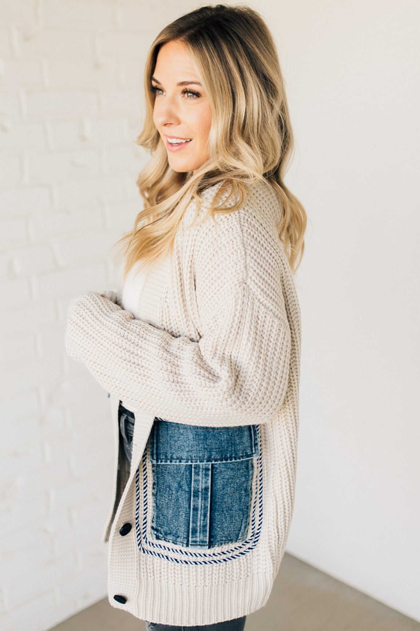 Denim Pocket Chunky Sweater