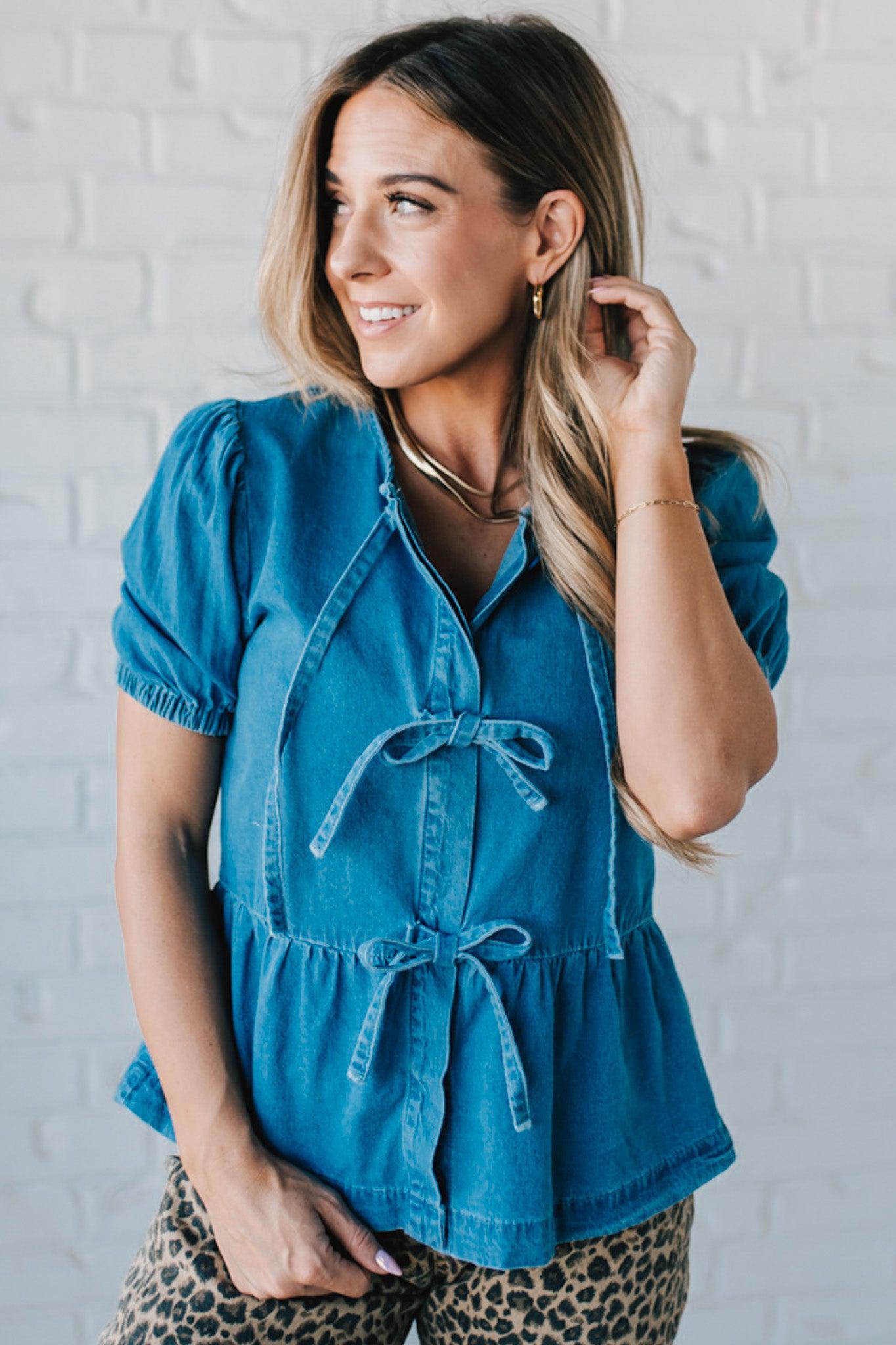 Triple Tied Front Bubble Sleeve Peplum Denim Shirt on Blond Woman