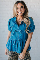 Triple Tied Front Bubble Sleeve Peplum Denim Shirt on Blond Woman