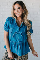 Triple Tied Front Bubble Sleeve Peplum Denim Shirt on Blond Woman