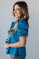 Triple Tied Front Bubble Sleeve Peplum Denim Shirt on Blond Woman