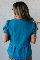 Triple Tied Front Bubble Sleeve Peplum Denim Shirt on Blond Woman