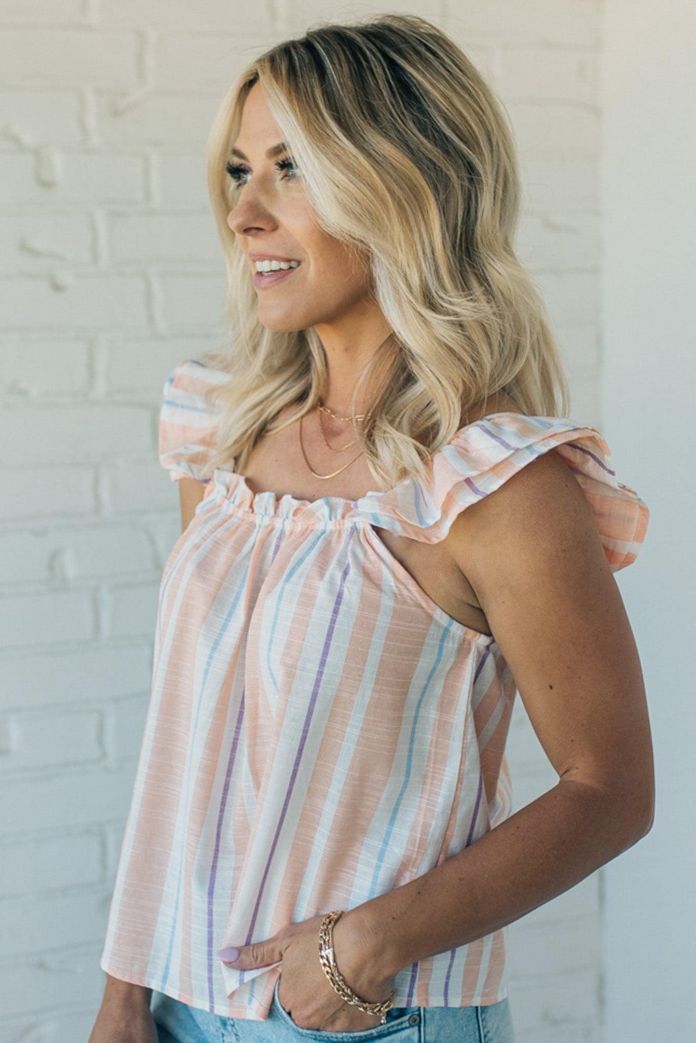 Double Ruffle Strap Striped Tank