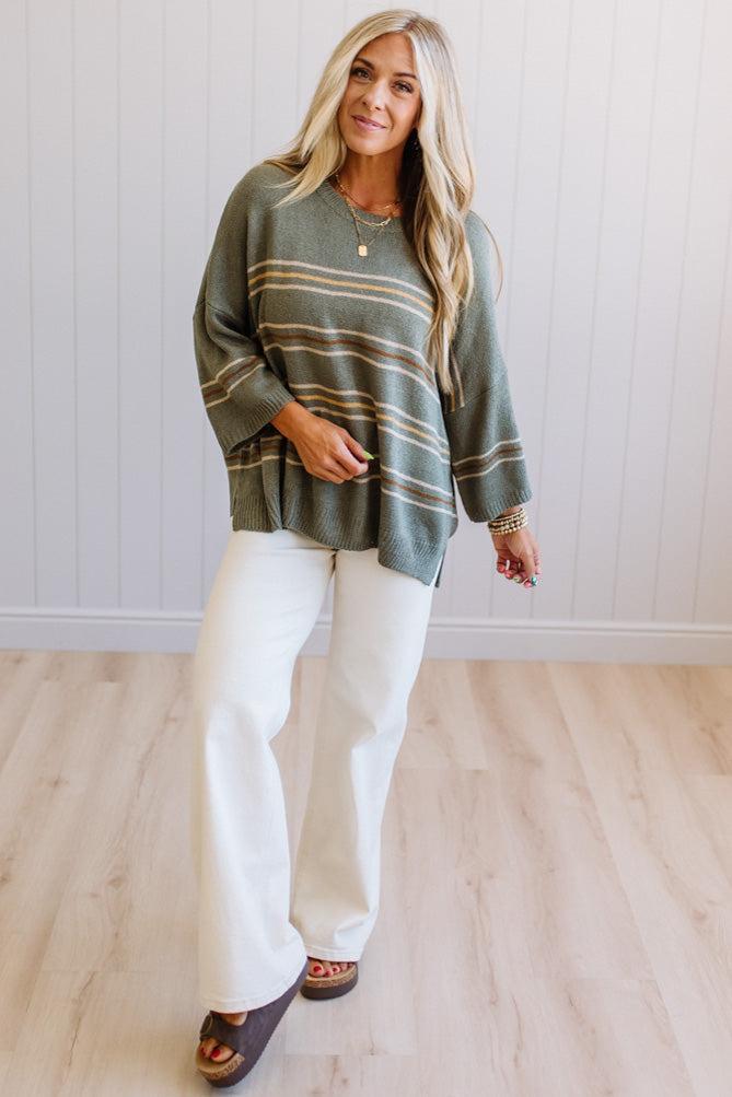 SY32 Mサイズ　カーキ　PANEL BORDER SWEATER Drop Shoulder Striped Sweater – RubyClaire Boutique
